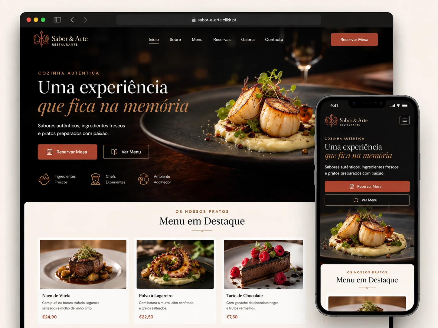 Mockup premium do website para restaurante